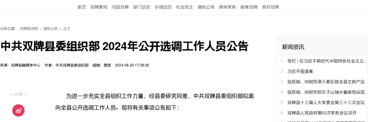 2024湖南永州市双牌县委组织部选调工作人员2人公告 图片